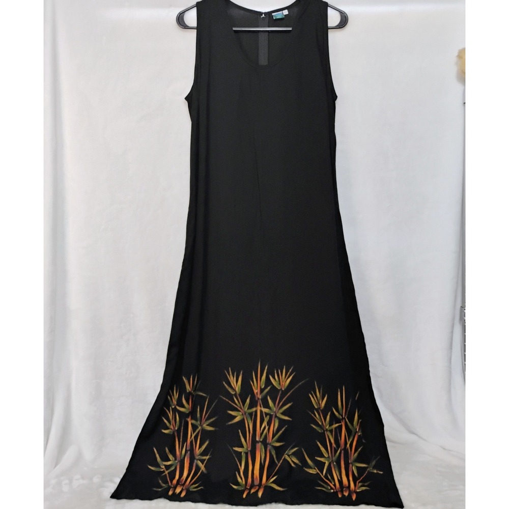 Island X Hawaii Black Rayon Sleeveless Maxi Dress Bamboo Print Hem Womens Large